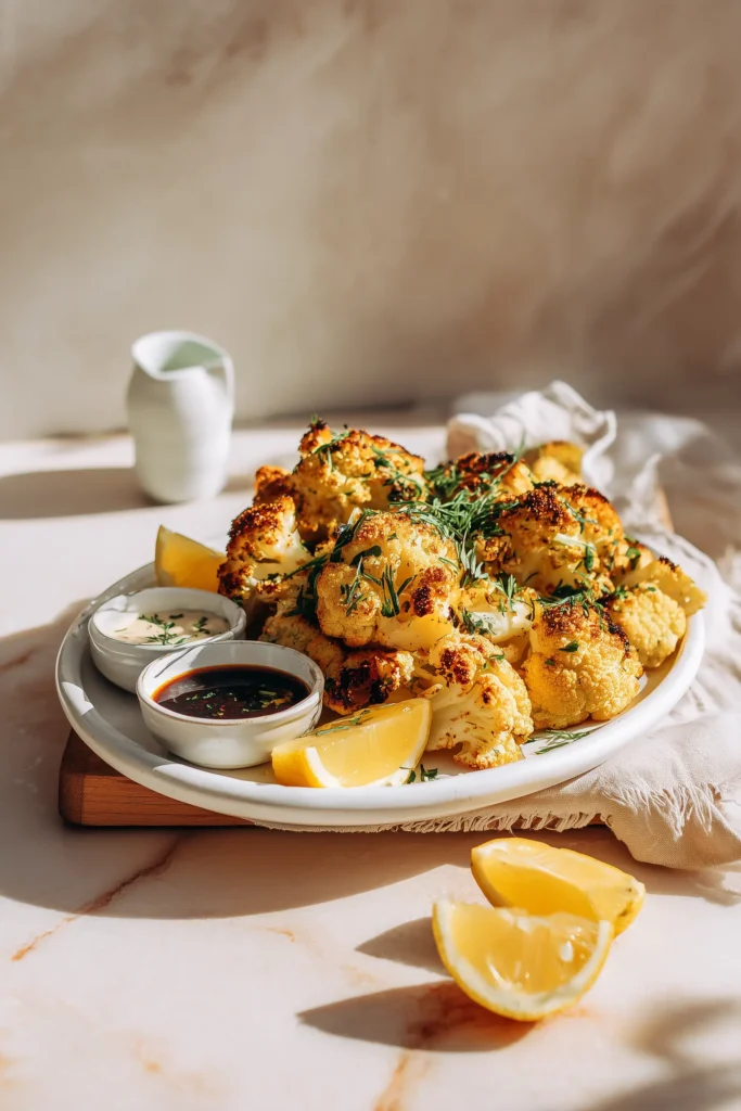 Platter of Parmesan Roasted Cauliflower garnished with herbs and served on a stone background.