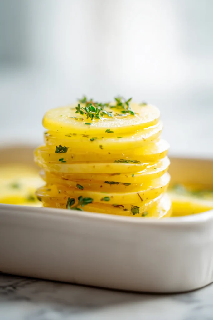 Thin potato slices layered upright in a white dish for Crispy Potato Roast: Easy Thousand Layer Potatoes Recipe, brushed with melted butter and herbs.
