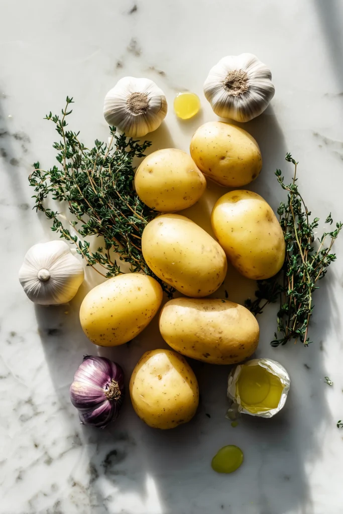Potatoes, butter, olive oil, garlic, and thyme for Crispy Potato Roast: Easy Thousand Layer Potatoes Recipe arranged on a marble countertop.