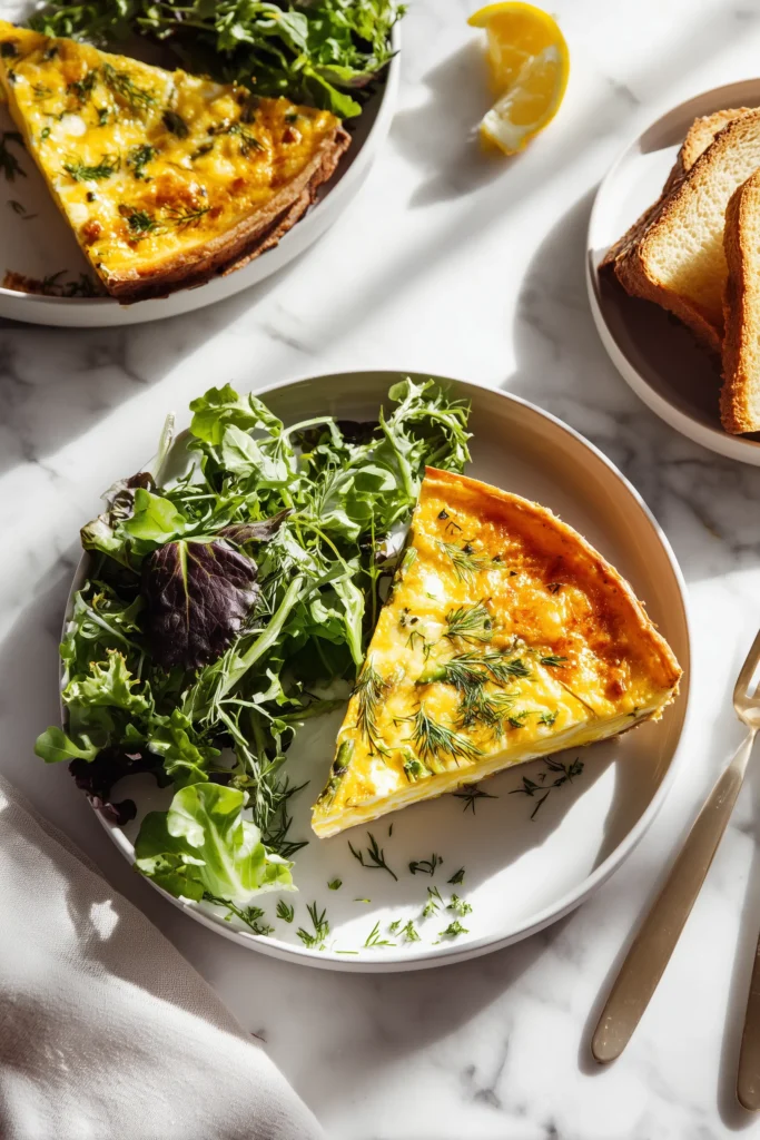 Slice of Crustless Asparagus Quiche Recipe on a plate with salad and toast, showing creamy center and asparagus.
