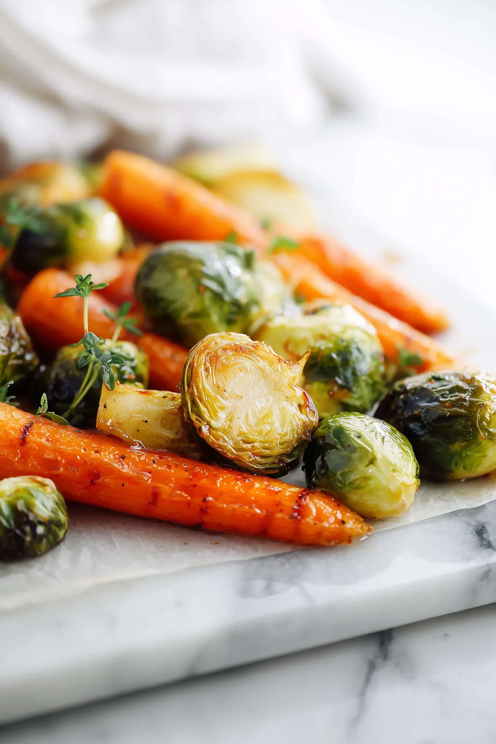 Roasted Brussels Sprouts and Carrots arranged on a marble pan, showing their caramelized edges and golden color.