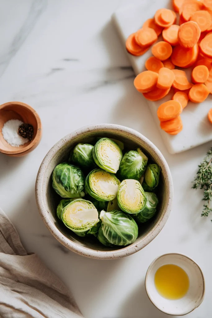Ingredients for Roasted Brussels Sprouts and Carrots including sliced vegetables, olive oil, and seasonings on a marble surface.