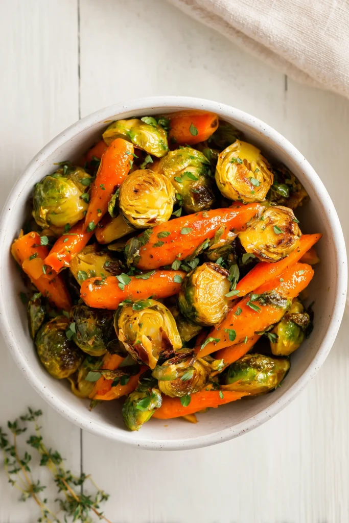 A white serving bowl filled with roasted Brussels Sprouts and Carrots, ready for sharing at the table.
