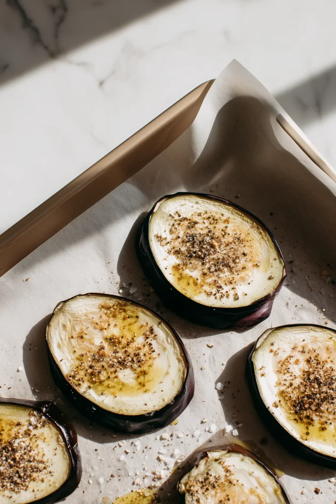 Low Carb Eggplant Lasagna Bake 3 Oiled and seasoned eggplant slices on a baking sheet for Low Carb Eggplant Lasagna Bake preparation.