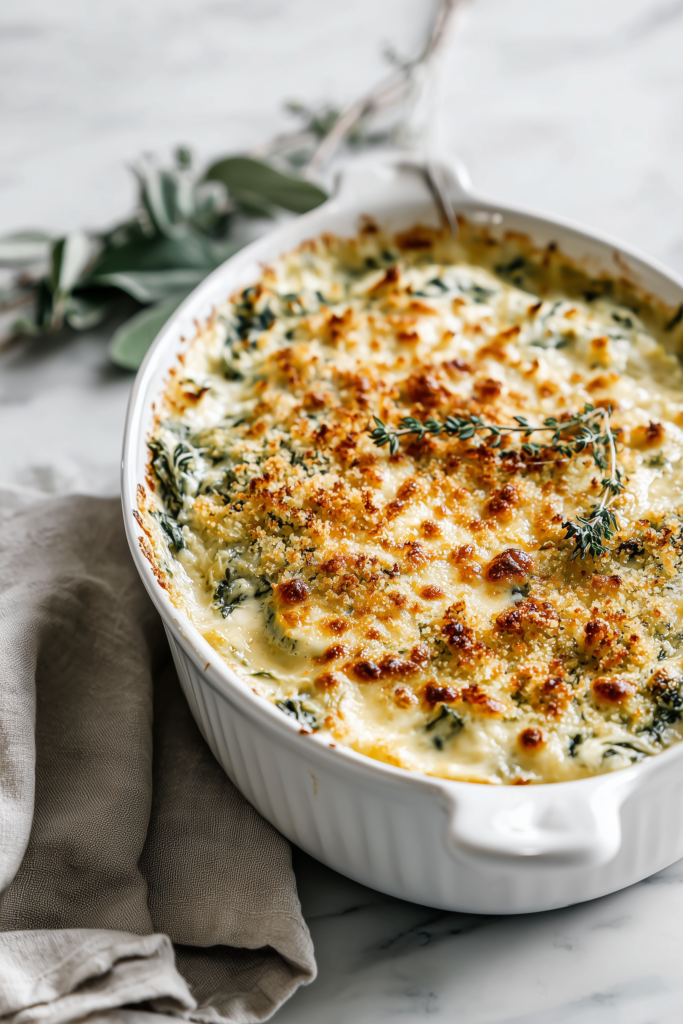 A baking dish filled with Ruth’s Chris Spinach Rockefeller, golden on top and creamy with spinach underneath.