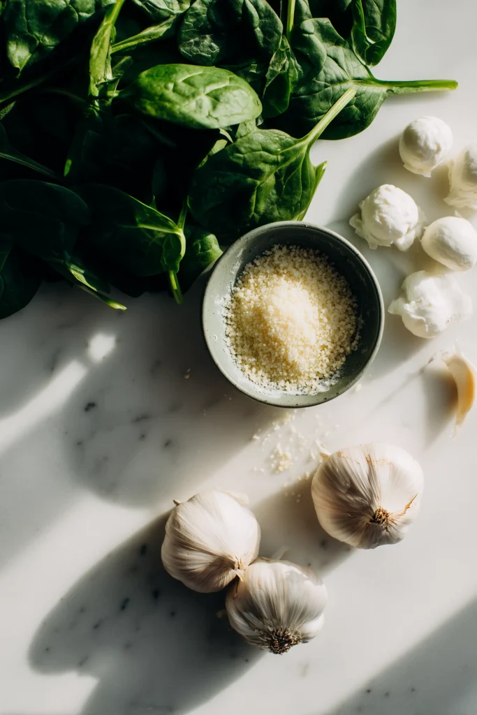 Fresh spinach, cheeses, shallots, garlic, and breadcrumbs for Ruth’s Chris Spinach Rockefeller on a bright surface.