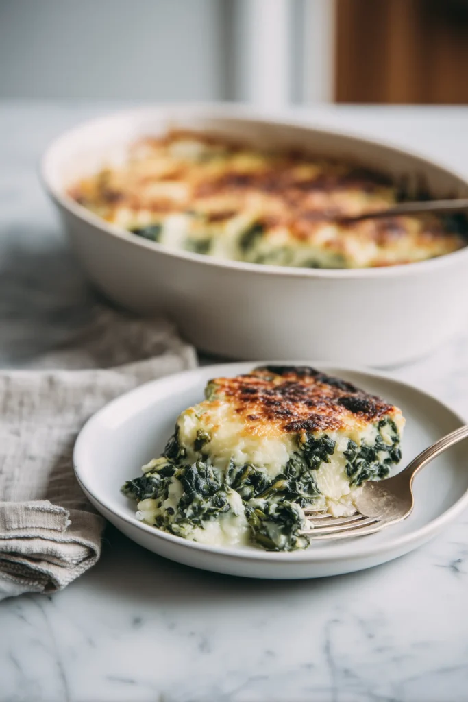 A portion of Ruth’s Chris Spinach Rockefeller served on a plate, showing golden crust and creamy spinach filling.