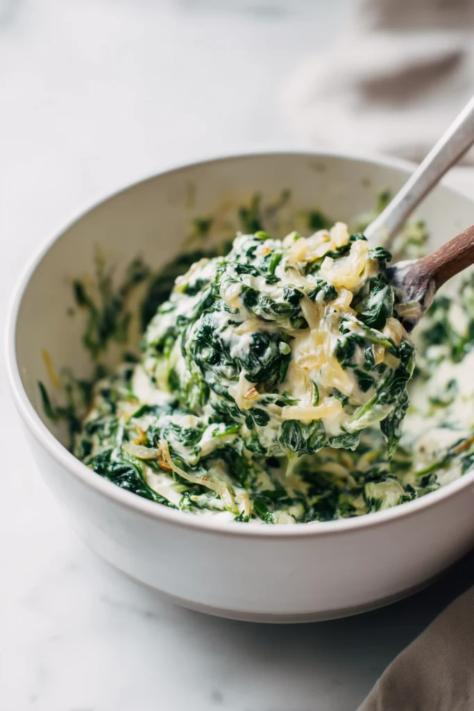 A bowl of creamy spinach, cheeses, and shallots being blended for Ruth’s Chris Spinach Rockefeller.