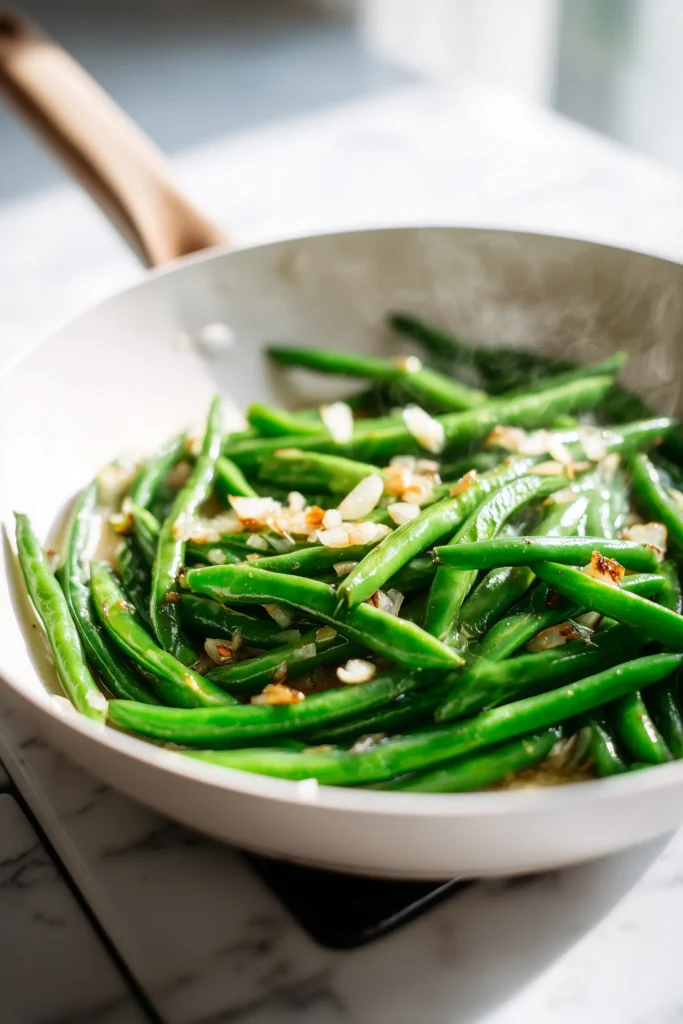 Green beans sautéing with onions and garlic in a skillet for Sautéed Green Beans Recipe.