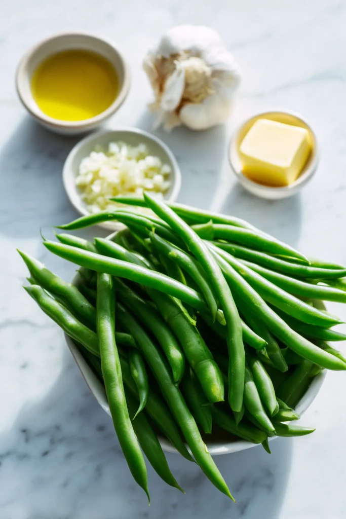 Fresh green beans, olive oil, onion, garlic, butter, Dijon, salt, and pepper for Sautéed Green Beans Recipe.
