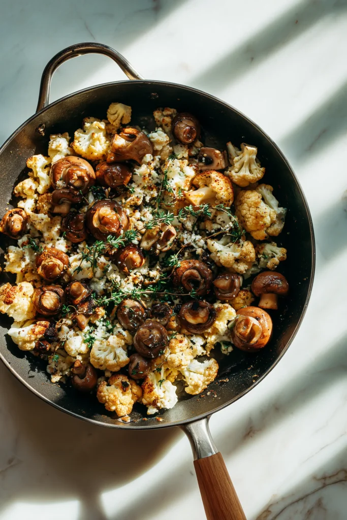 A skillet showing Sautéed Mushrooms with Cauliflower Crumbles, golden and glistening in natural light.