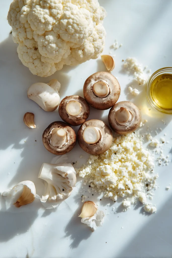 Ingredients for Sautéed Mushrooms with Cauliflower Crumbles set on a bright marble counter.