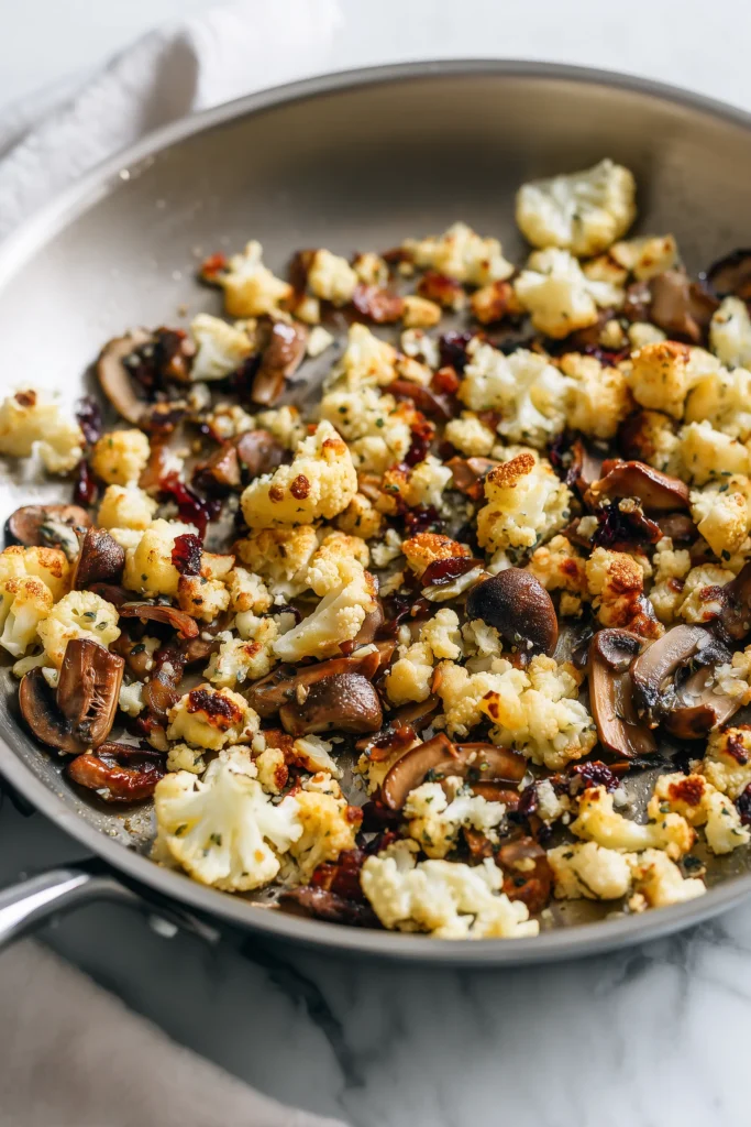 Mushrooms and cauliflower cooking to golden-brown in a skillet for Sautéed Mushrooms with Cauliflower Crumbles.