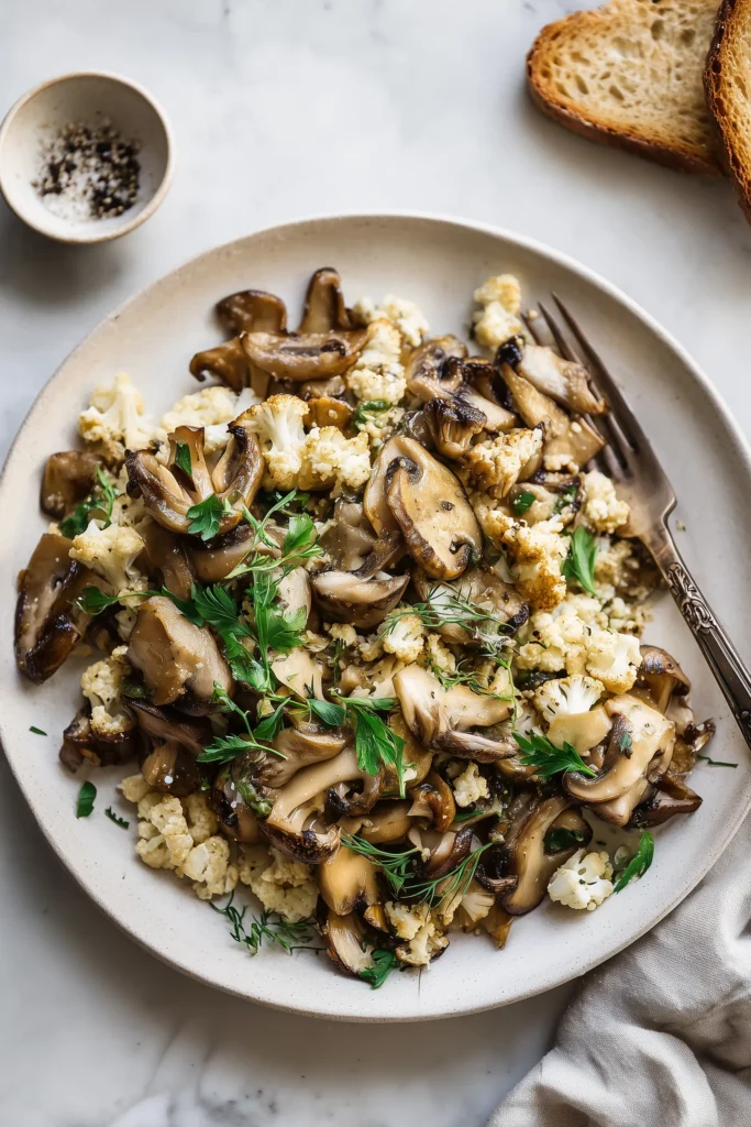 A plate of Sautéed Mushrooms with Cauliflower Crumbles, garnished with herbs and ready to serve.
