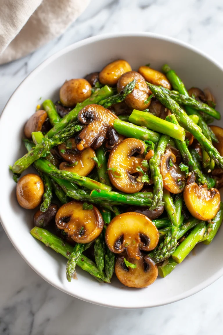 Bright bowl of savory asparagus and mushrooms stir-fry with glistening veggies in a white bowl on marble.