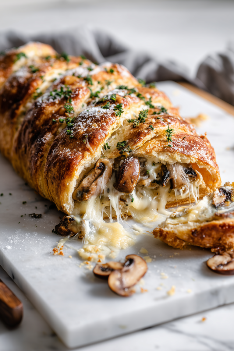 A golden Savory Mushroom & Gruyère Puff Pastry Braid Recipe on marble, sliced to show creamy mushroom and cheese filling.