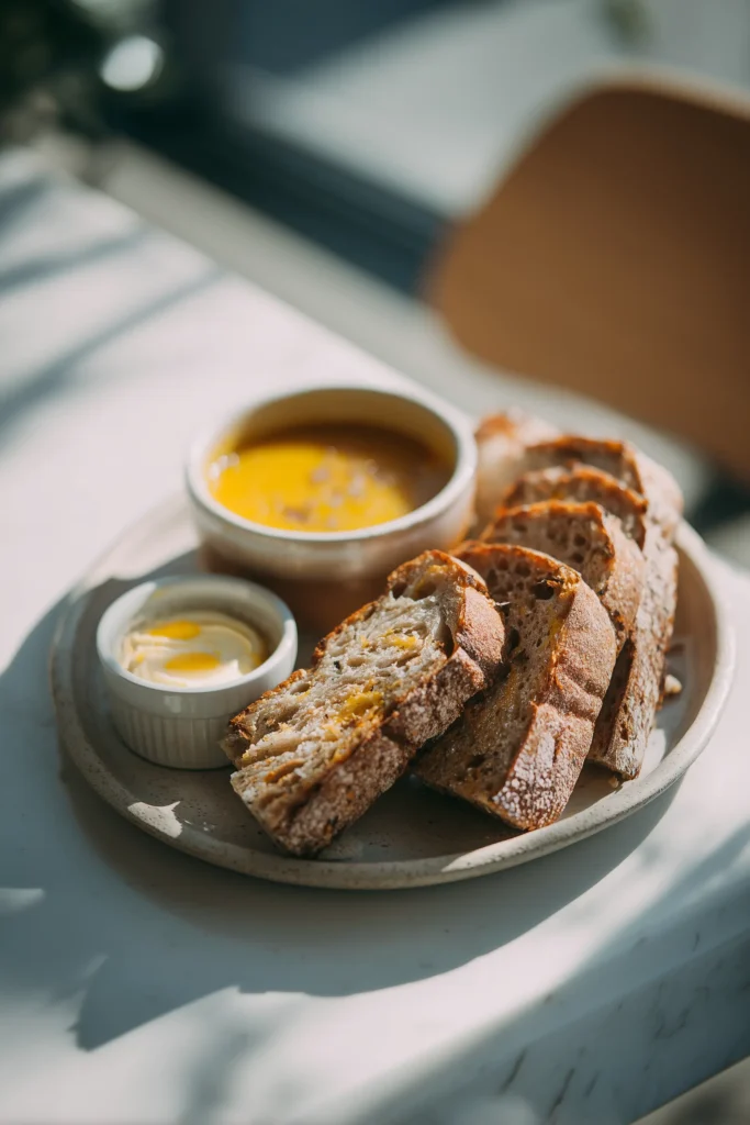 Cheese & Olive Quick Bread 4 Slices of Cheese & Olive Quick Bread served with soup and spread on a bright marble plate.