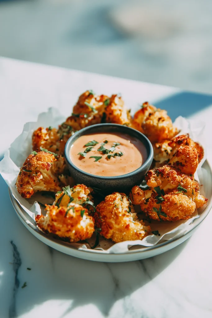 Crispy Parmesan Cauliflower Bites arranged around a small bowl of dip, ready to serve.