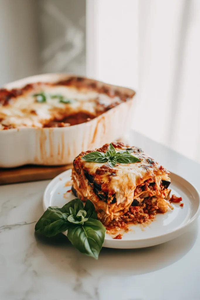 Low Carb Eggplant Lasagna Bake 4 A slice of Low Carb Eggplant Lasagna Bake with visible layers of eggplant and cheese, served on a white plate.