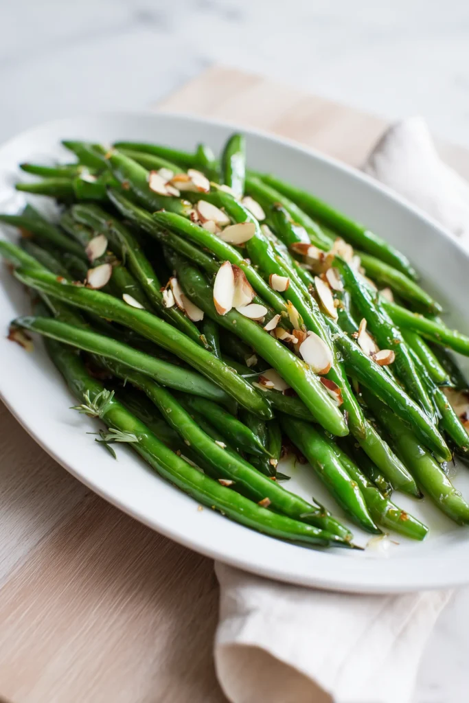 Sautéed green beans garnished with toasted almonds on a white platter for Sautéed Green Beans Recipe.
