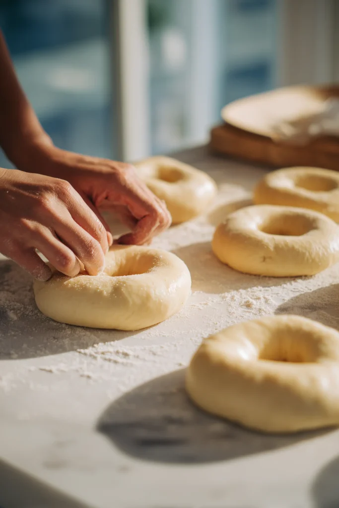 Dough rings for New York Style Bagels being shaped and arranged on a floured marble surface.