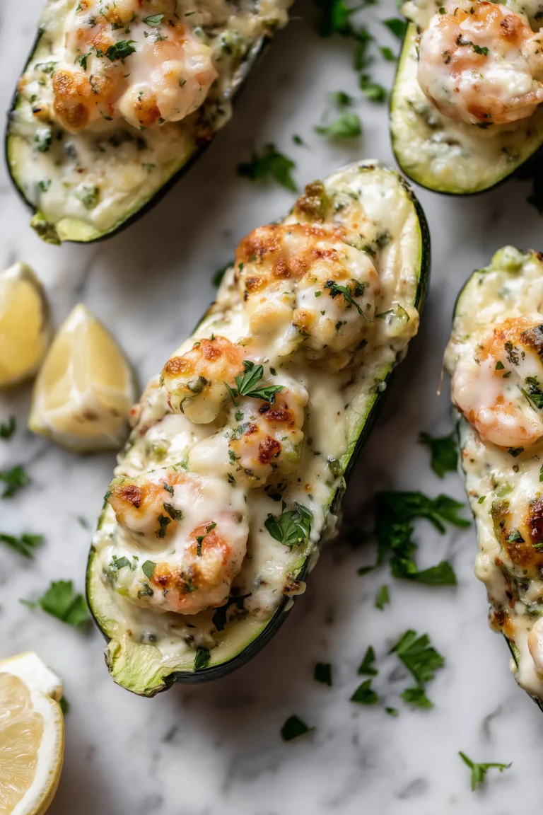 A platter of Savory Shrimp Alfredo Zucchini Boats Simple Recip with golden cheese and creamy shrimp filling on a bright marble background.