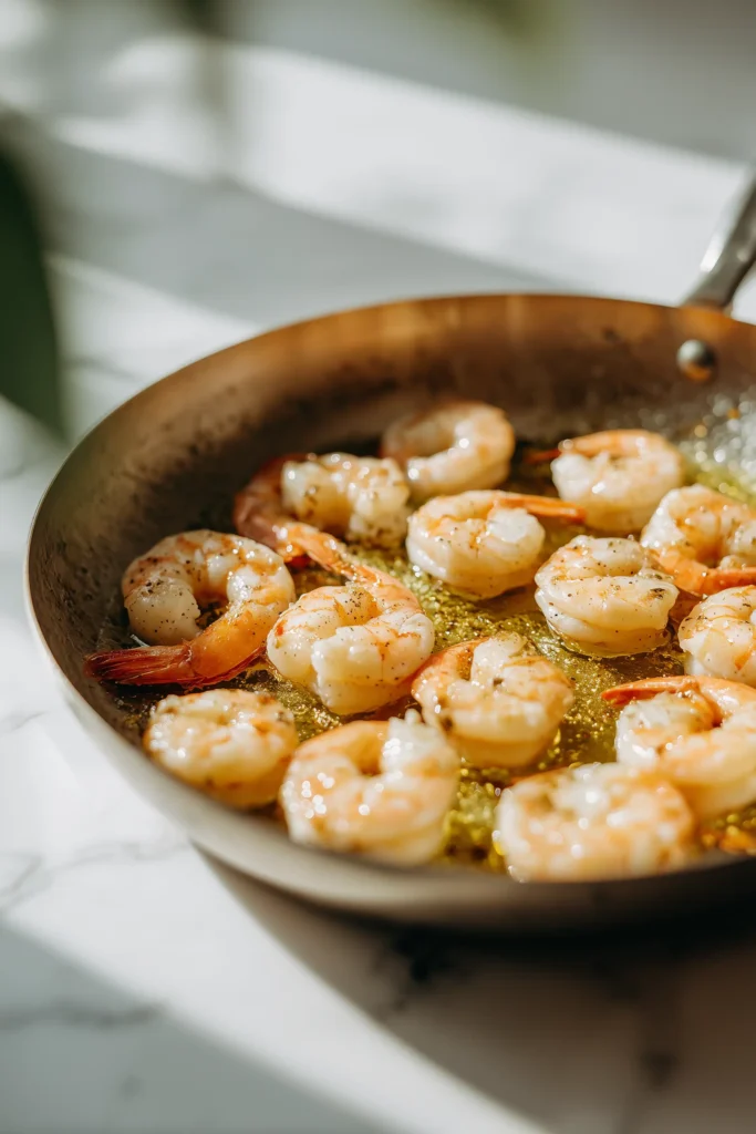 Golden sautéed shrimp in a pan for Savory Shrimp Alfredo Zucchini Boats Simple Recip.