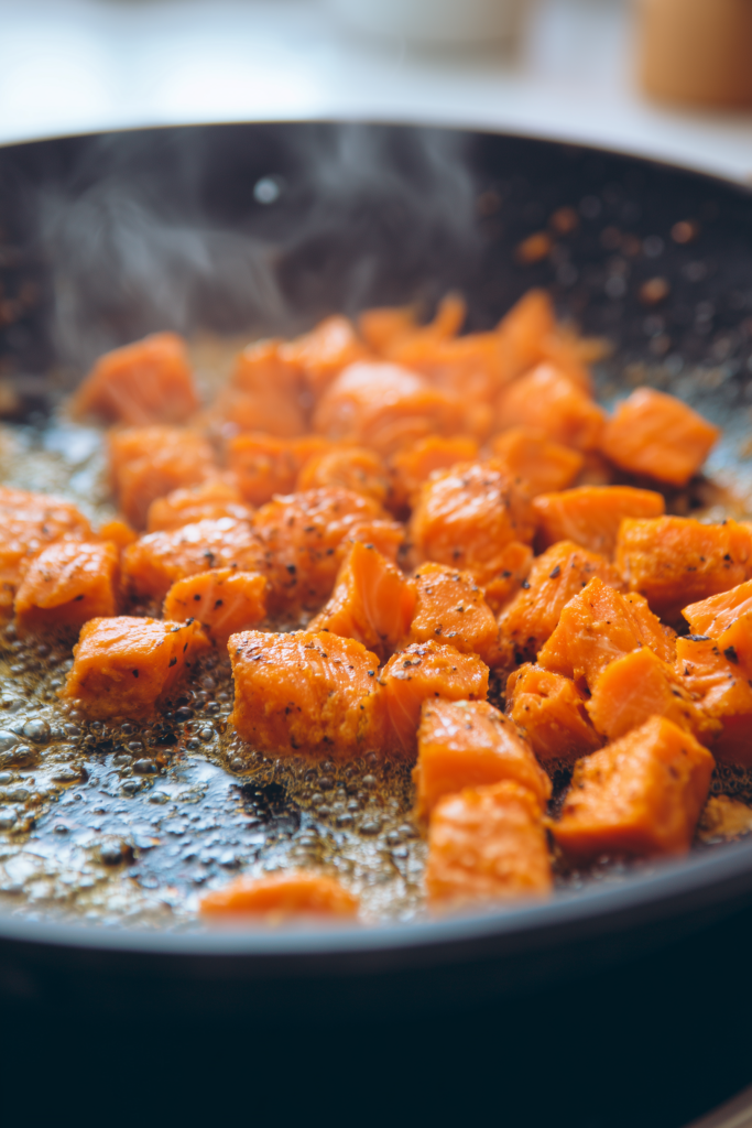 Spicy Salmon Rice Bowl 3 Golden-edged salmon pieces cooking in a skillet for Spicy Salmon Rice Bowl, close-up with visible seasoning.