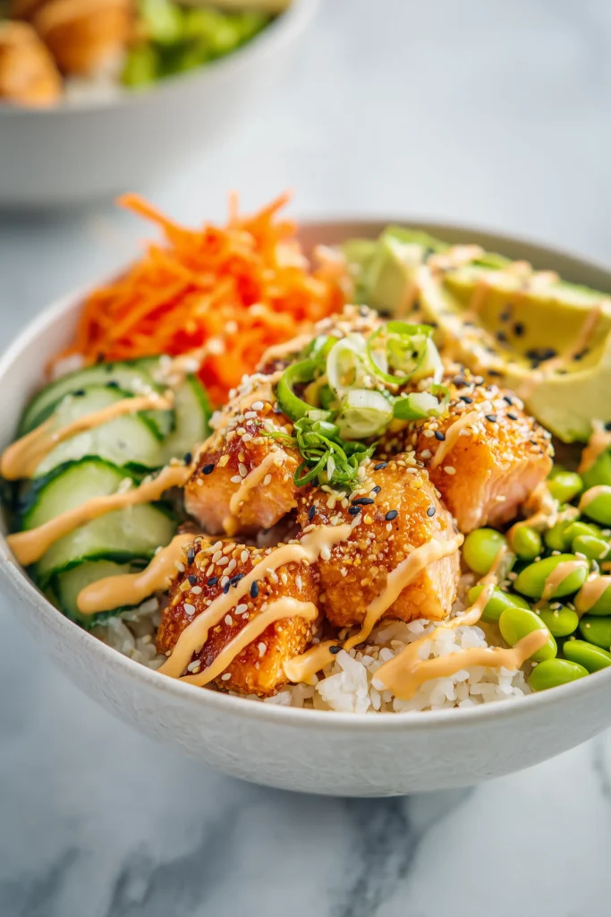 Spicy Salmon Rice Bowl 1 Spicy Salmon Rice Bowl with golden salmon, creamy spicy sauce, and fresh vegetables arranged on a white marble background.