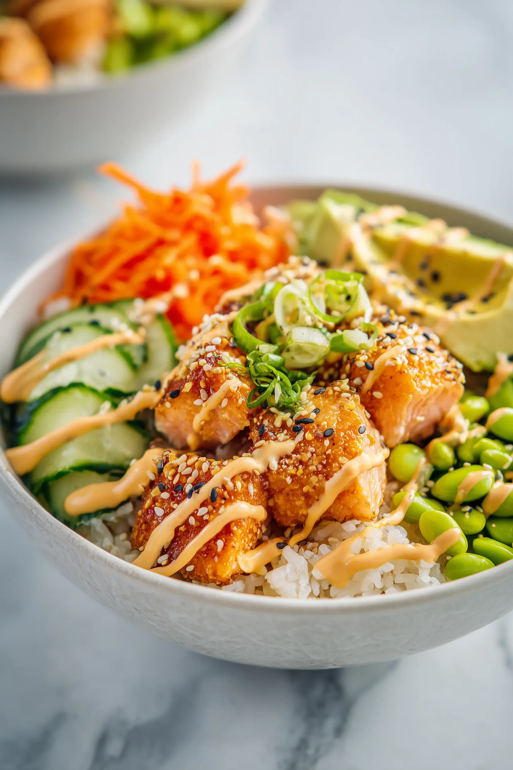 Spicy Salmon Rice Bowl with golden salmon, creamy spicy sauce, and fresh vegetables arranged on a white marble background.