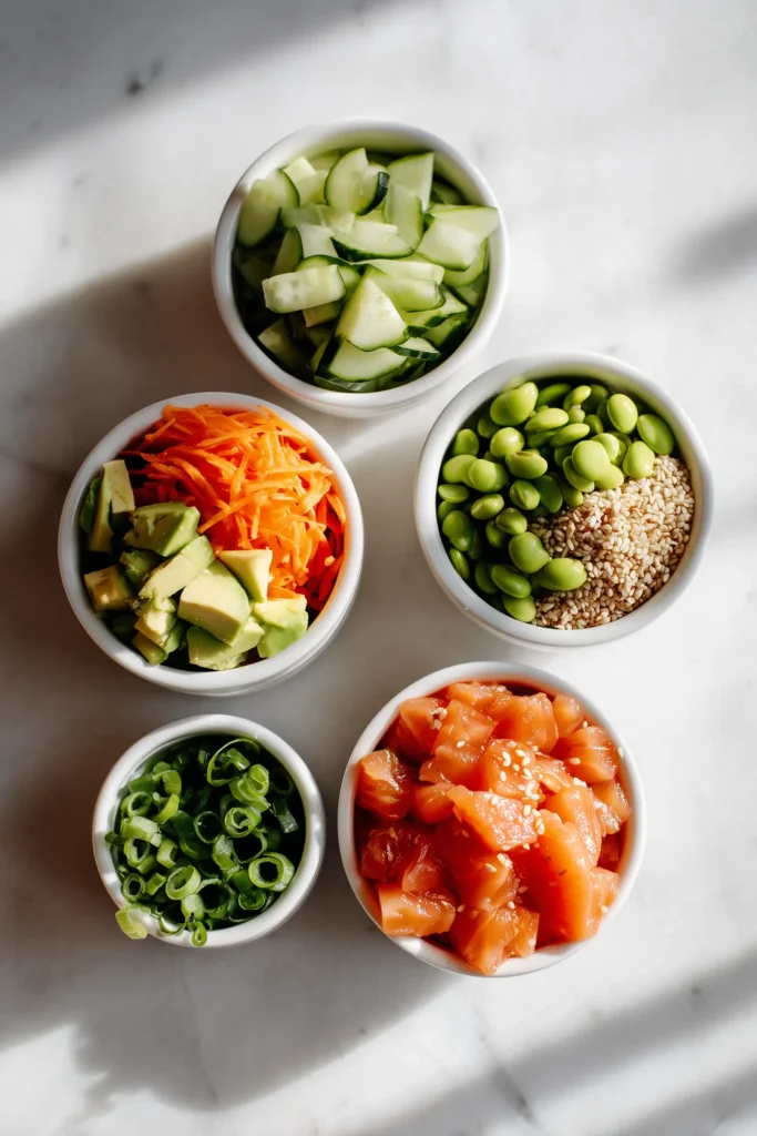 Spicy Salmon Rice Bowl 2 Colorful Spicy Salmon Rice Bowl toppings like avocado, cucumber, carrot, and edamame in white bowls on marble.