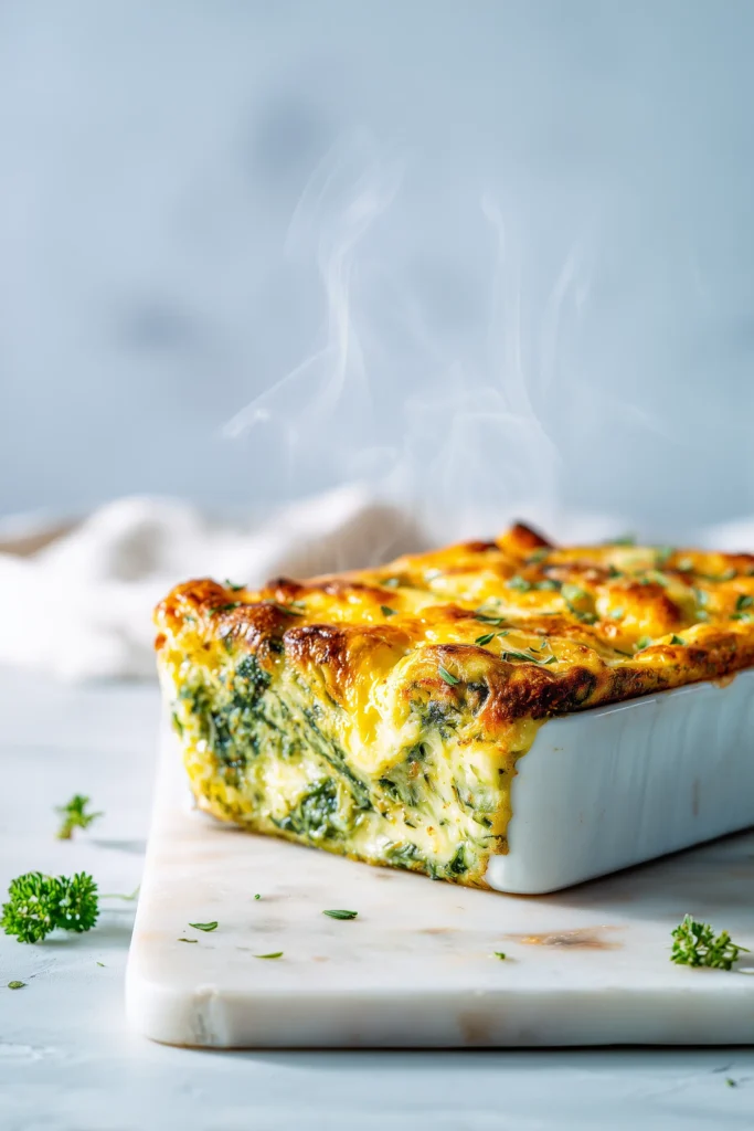 Spinach Ricotta Bake Recipe in a white dish, with a golden cheesy crust and creamy spinach filling.
