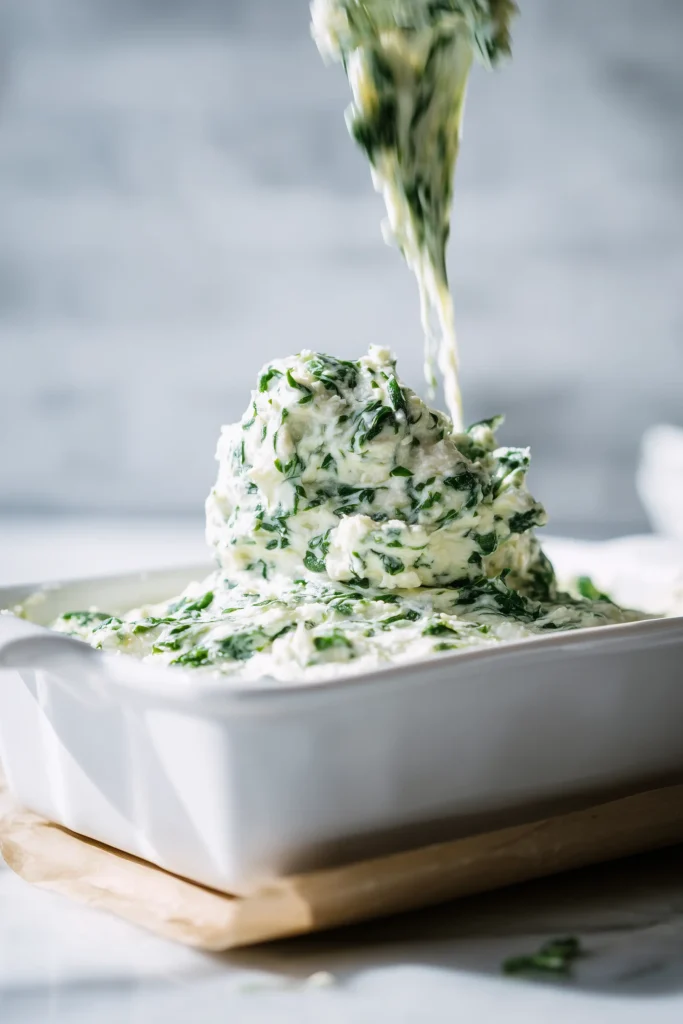 Spinach Ricotta Bake Recipe creamy spinach filling being spread in a baking dish.