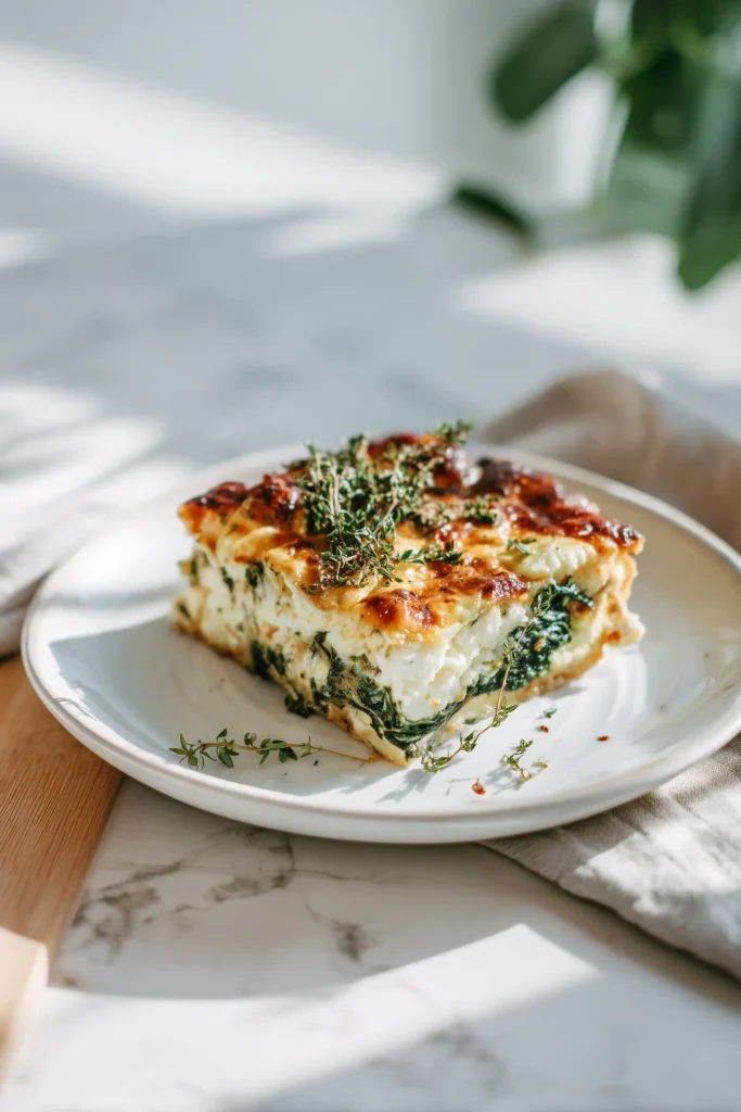 Spinach Ricotta Bake Recipe slice on a plate showing golden top and creamy spinach layer.