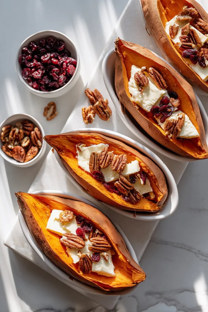 Sweet Potato Rounds with Brie Cranberry Pecans 2 Overhead shot of sweet potatoes, brie, cranberries, and pecans for sweet potato rounds with brie cranberry pecans on a marble surface.