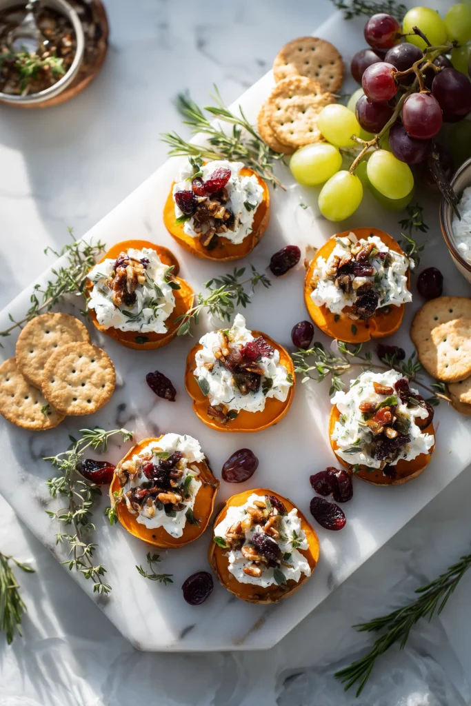 Sweet Potato Rounds with Brie Cranberry Pecans 4 Overhead shot of sweet potato rounds with brie cranberry pecans on a holiday appetizer platter with grapes, crackers, and dips.