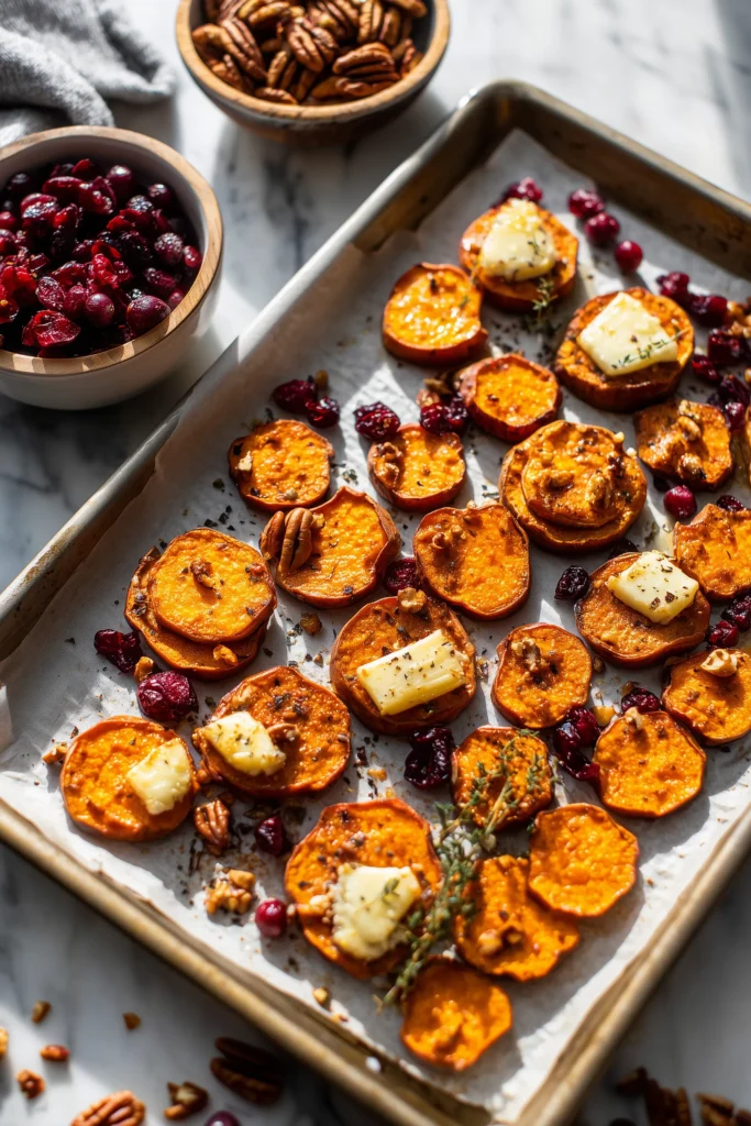 Sweet Potato Rounds with Brie Cranberry Pecans 3 Roasted sweet potato rounds on parchment, with sliced brie ready to melt for sweet potato rounds with brie cranberry pecans.