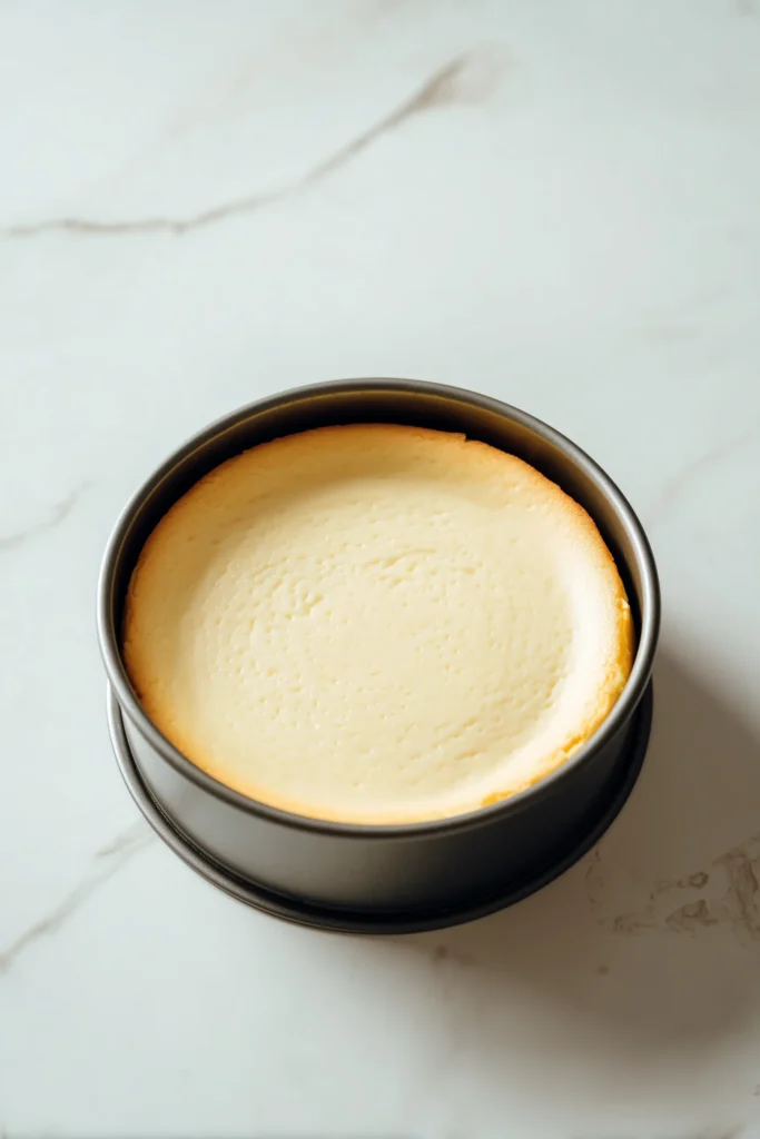 A Vanilla Bean Brown Butter Cheesecake in its pan, center jiggly, resting in a sunlit oven.