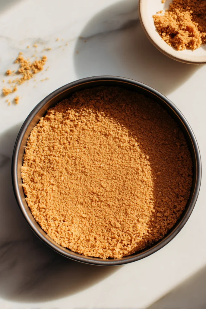 Pressing a graham cracker crust for Vanilla Bean Brown Butter Cheesecake in a springform pan, with brown butter beside it.