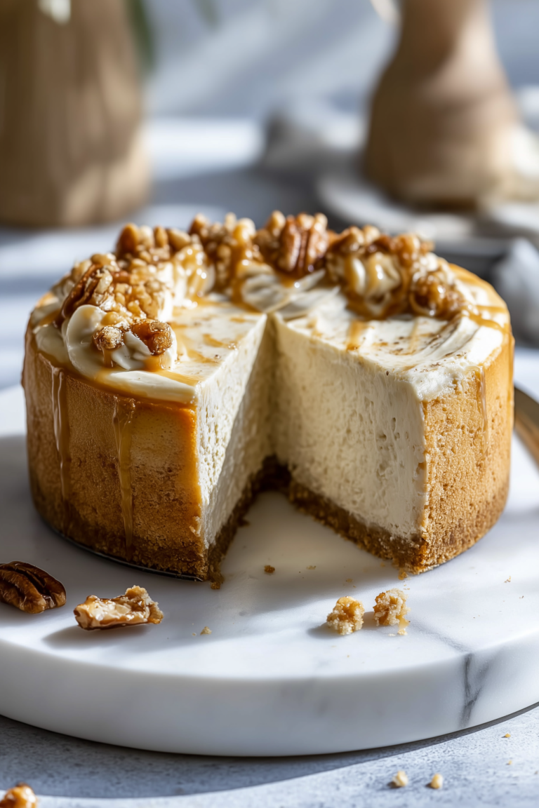 A Vanilla Bean Brown Butter Cheesecake with golden crust and creamy filling speckled with vanilla, styled on bright marble.