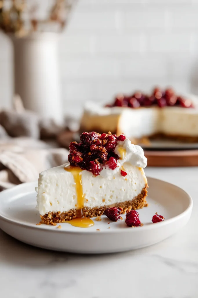 A Vanilla Bean Brown Butter Cheesecake slice on a plate with whipped cream and roasted berries, caramel drizzle nearby.