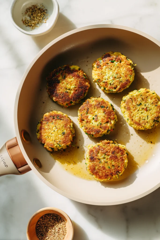 Vegetable Fritters with Zucchini and Potato cooking in a skillet, edges crisping, with a bowl of spices on the side.