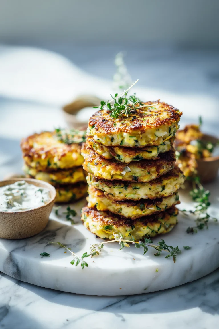 A stack of Vegetable Fritters with Zucchini and Potato, golden brown and crispy, on a white marble platter with small dipping bowls and fresh herbs.