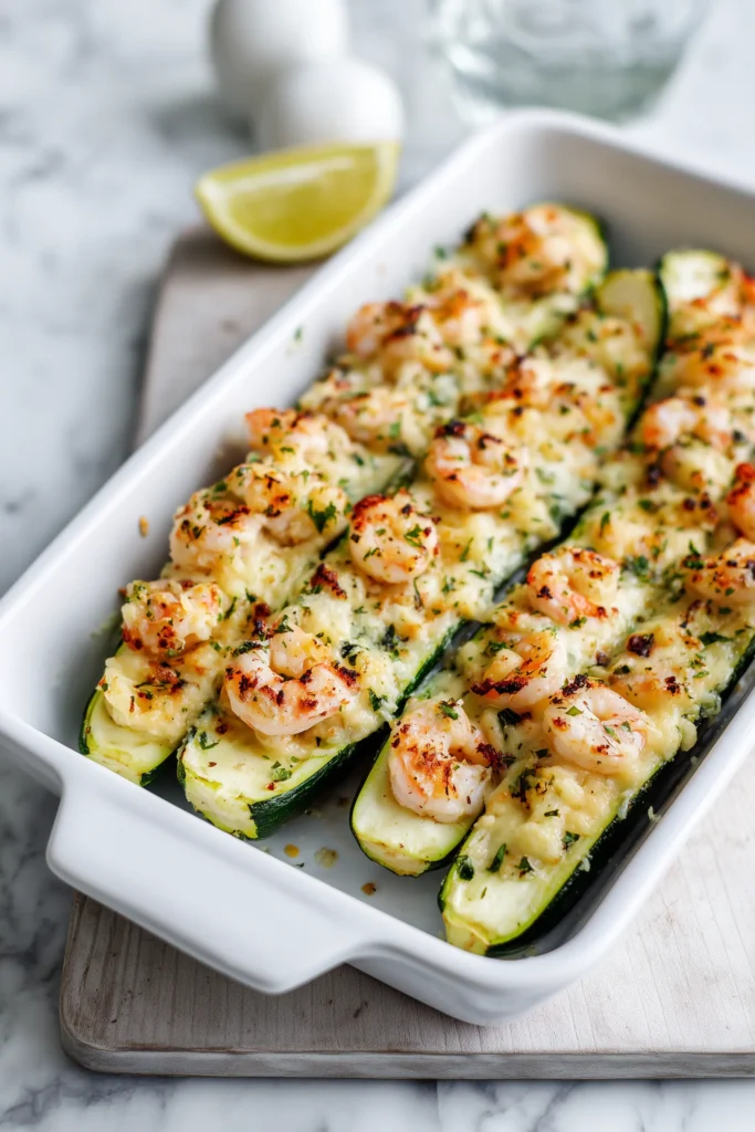 A baking dish filled with Savory Shrimp Alfredo Zucchini Boats Simple Recip ready to bake.