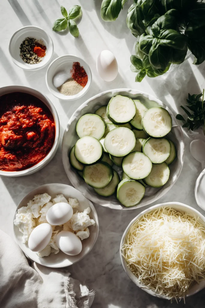 Bowls and plates with zucchini, mozzarella, ricotta, marinara, and seasonings for Layered Zucchini Ricotta Melts with Marinara.