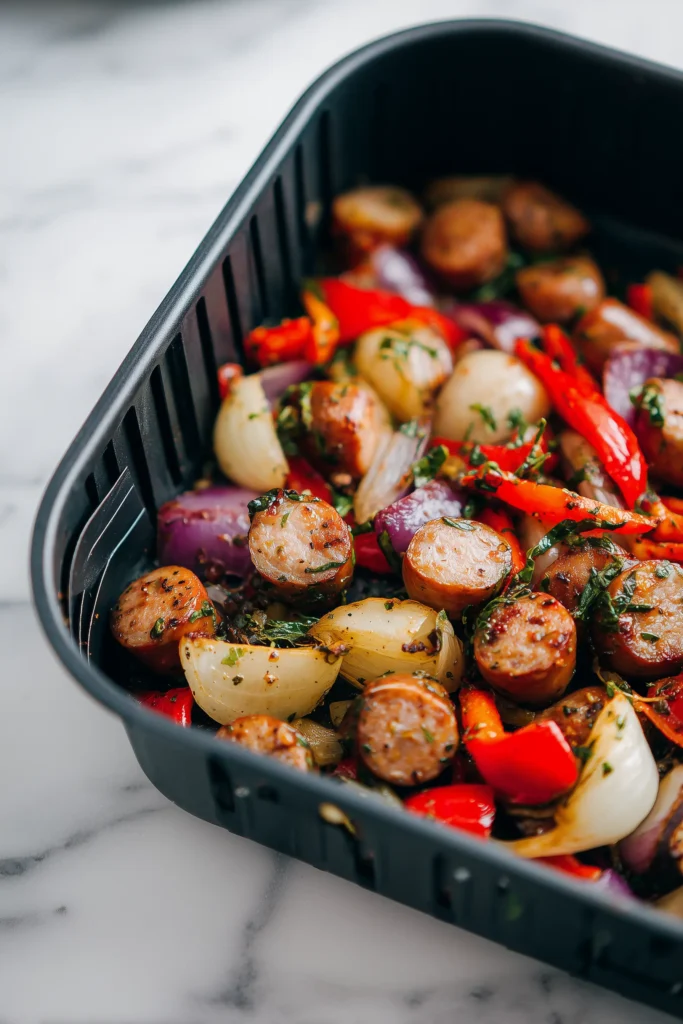 Air fryer basket filled with sausage and vegetables tossed in oil for Air Fryer Sausage and Veggies.