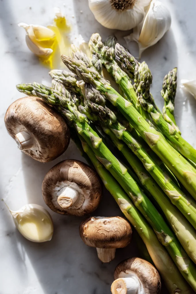 Fresh asparagus, mushrooms, and garlic on marble for Sauteed Asparagus and Mushrooms.