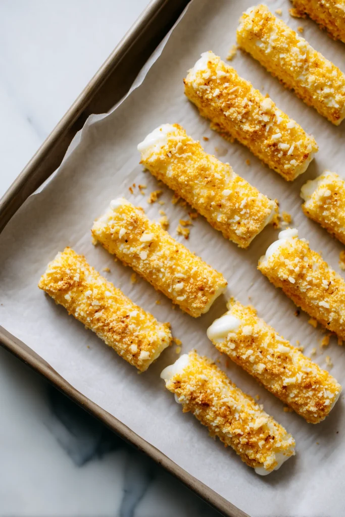 Unbaked Irresistible Cottage Cheese Cheese Sticks arranged on a parchment-lined baking sheet, ready to bake.