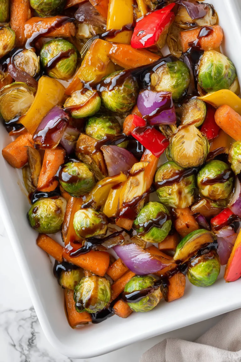 An overhead photo of Balsamic Glazed Roasted Vegetables on a sheet pan with vibrant colors and glossy glaze.