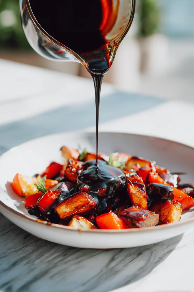 Balsamic Glazed Roasted Vegetables 3 Balsamic glaze drizzled over golden Balsamic Glazed Roasted Vegetables for a glossy, flavorful finish.